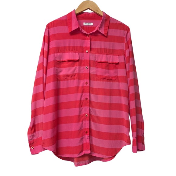 Equipment Tops - Equipment Femme 100% Silk Signature Blouse Women L Pink Orange Striped Vibrant